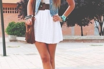Cute white dress outfit idea with a jean vest