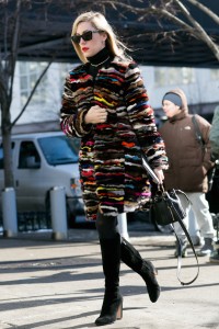 black tights with bold multicolored coat