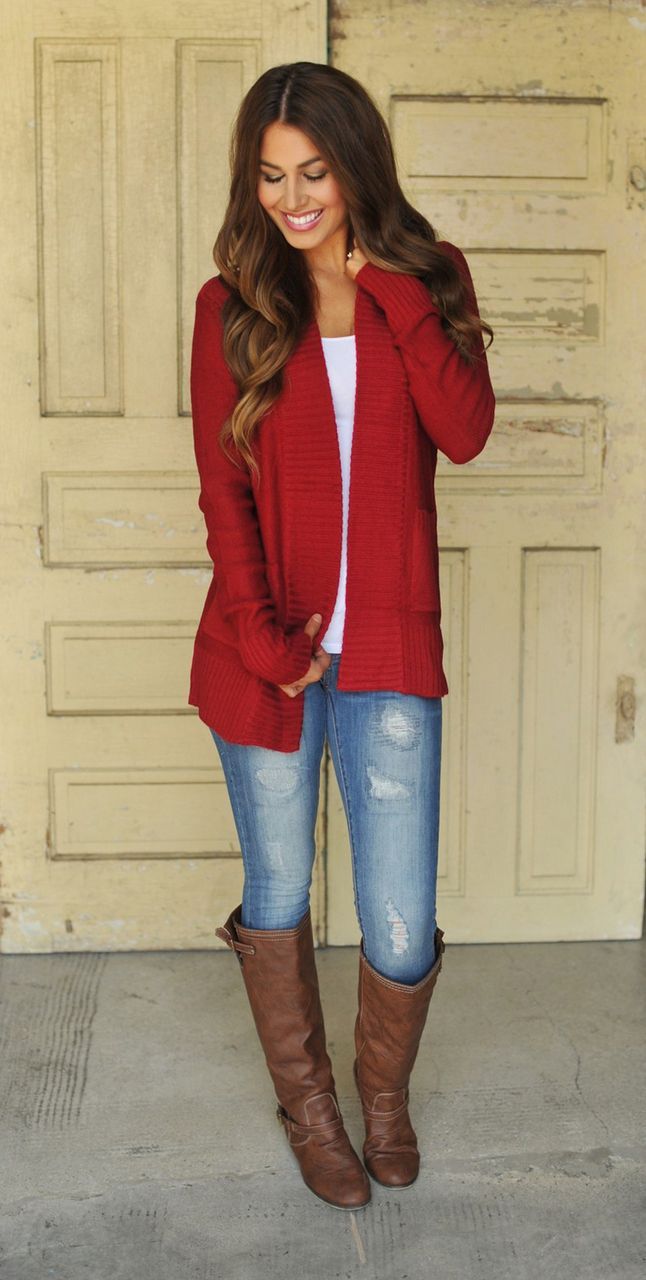 red shirt and jeans outfit