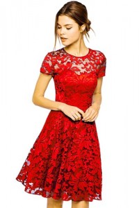 round neck short sleeve pleated red dress